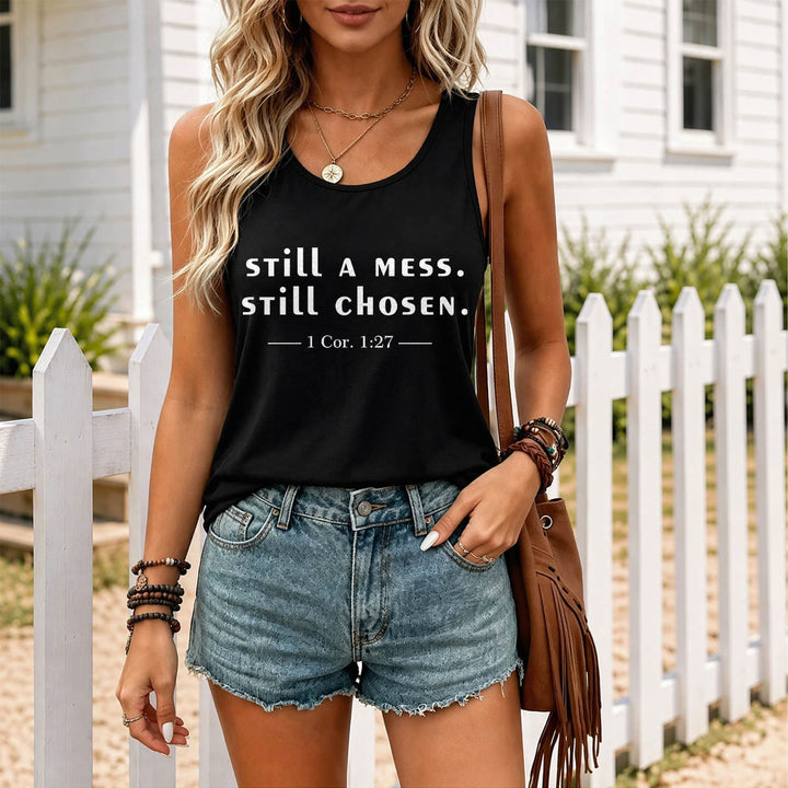 Christianartworkshop Still A Mess Still Chosen Two Line Casual Serif Verse Citation 1 Cor1:27 Front Print Racerback Tank Top - image 9