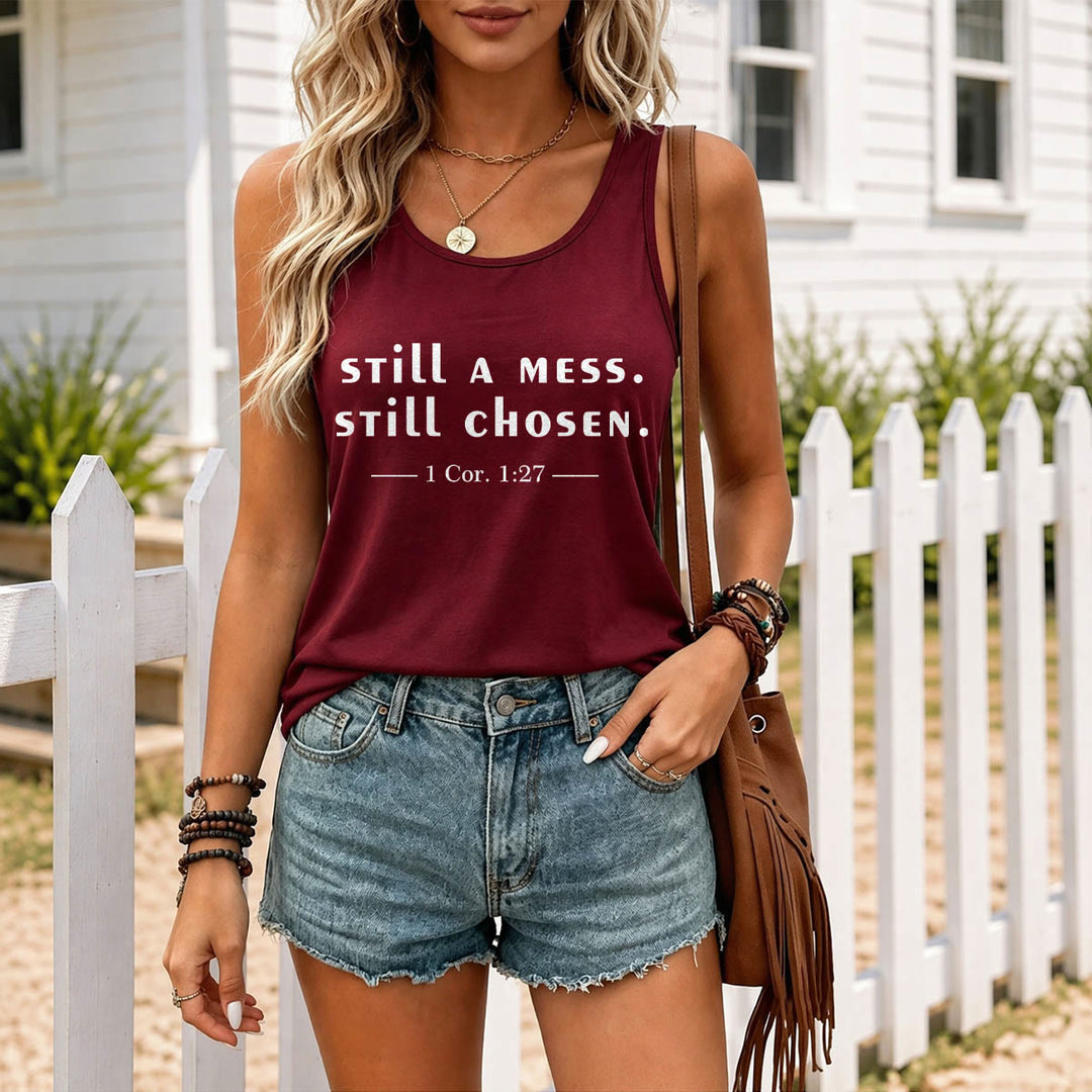 Christianartworkshop Still A Mess Still Chosen Two Line Casual Serif Verse Citation 1 Cor1:27 Front Print Racerback Tank Top - image 11