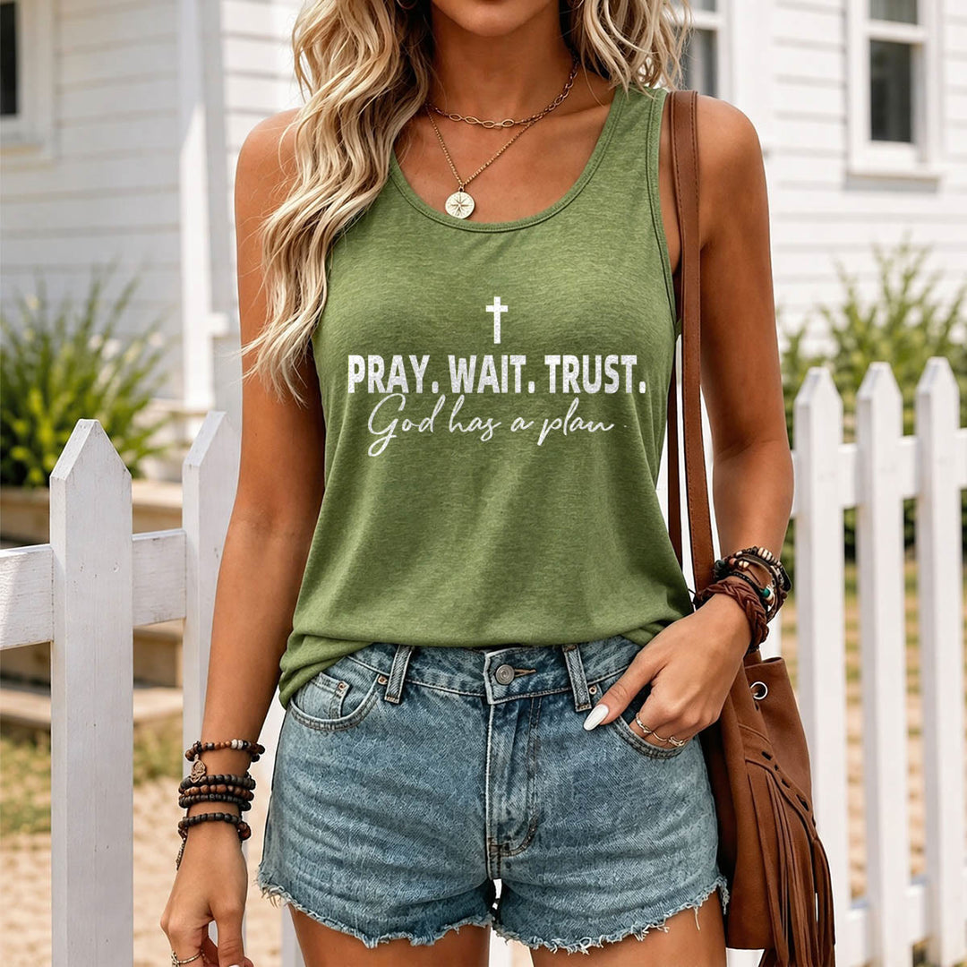 Christianartworkshop Kreuz BETEN WARTEN VERTRAUEN Fettdruck Schriftart Kursiv Unterzeile Gott hat einen Plan Racerback Tanktop - image 17