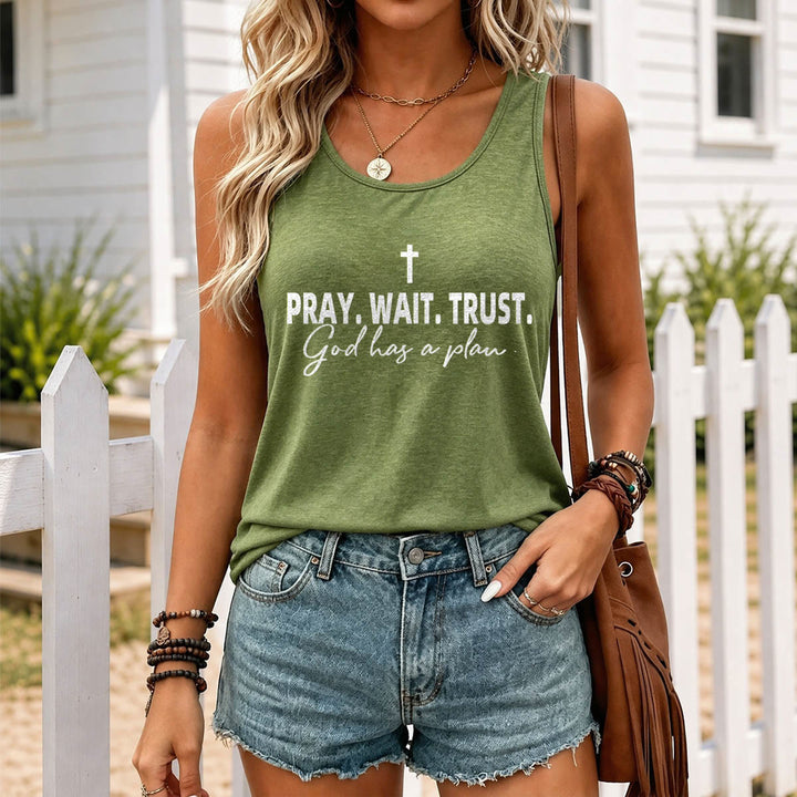 Christianartworkshop Kreuz BETEN WARTEN VERTRAUEN Fettdruck Schriftart Kursiv Unterzeile Gott hat einen Plan Racerback Tanktop - image 17