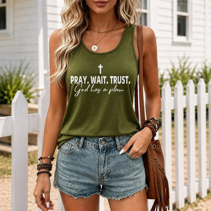 Christianartworkshop Kreuz BETEN WARTEN VERTRAUEN Fettdruck Schriftart Kursiv Unterzeile Gott hat einen Plan Racerback Tanktop - image 15