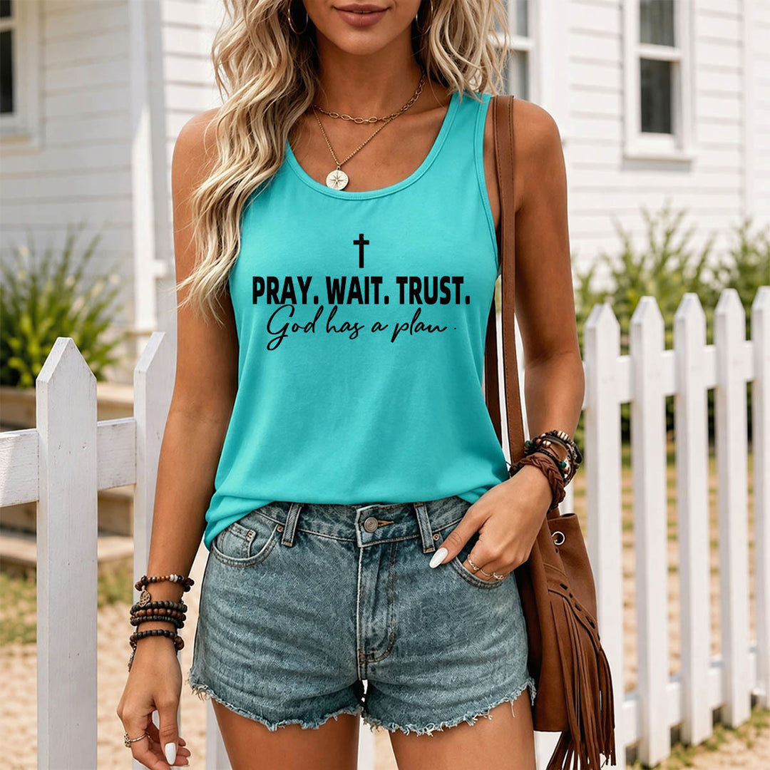 Christianartworkshop Kreuz BETEN WARTEN VERTRAUEN Fettdruck Schriftart Kursiv Unterzeile Gott hat einen Plan Racerback Tanktop - image 11