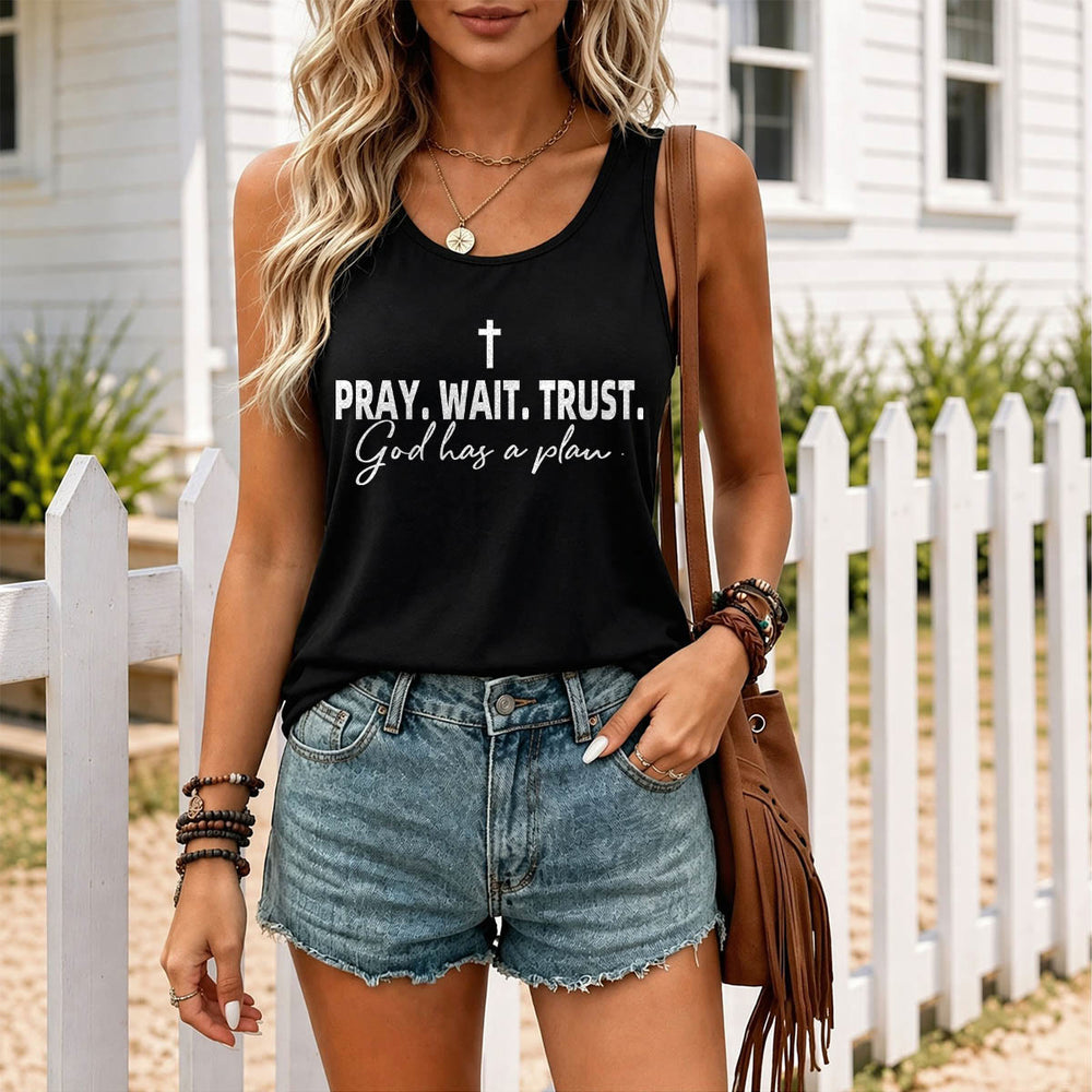 Christianartworkshop Kreuz BETEN WARTEN VERTRAUEN Fettdruck Schriftart Kursiv Unterzeile Gott hat einen Plan Racerback Tanktop - image 1