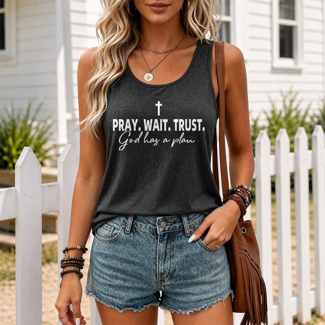 Christianartworkshop Kreuz BETEN WARTEN VERTRAUEN Fettdruck Schriftart Kursiv Unterzeile Gott hat einen Plan Racerback Tanktop - image 7