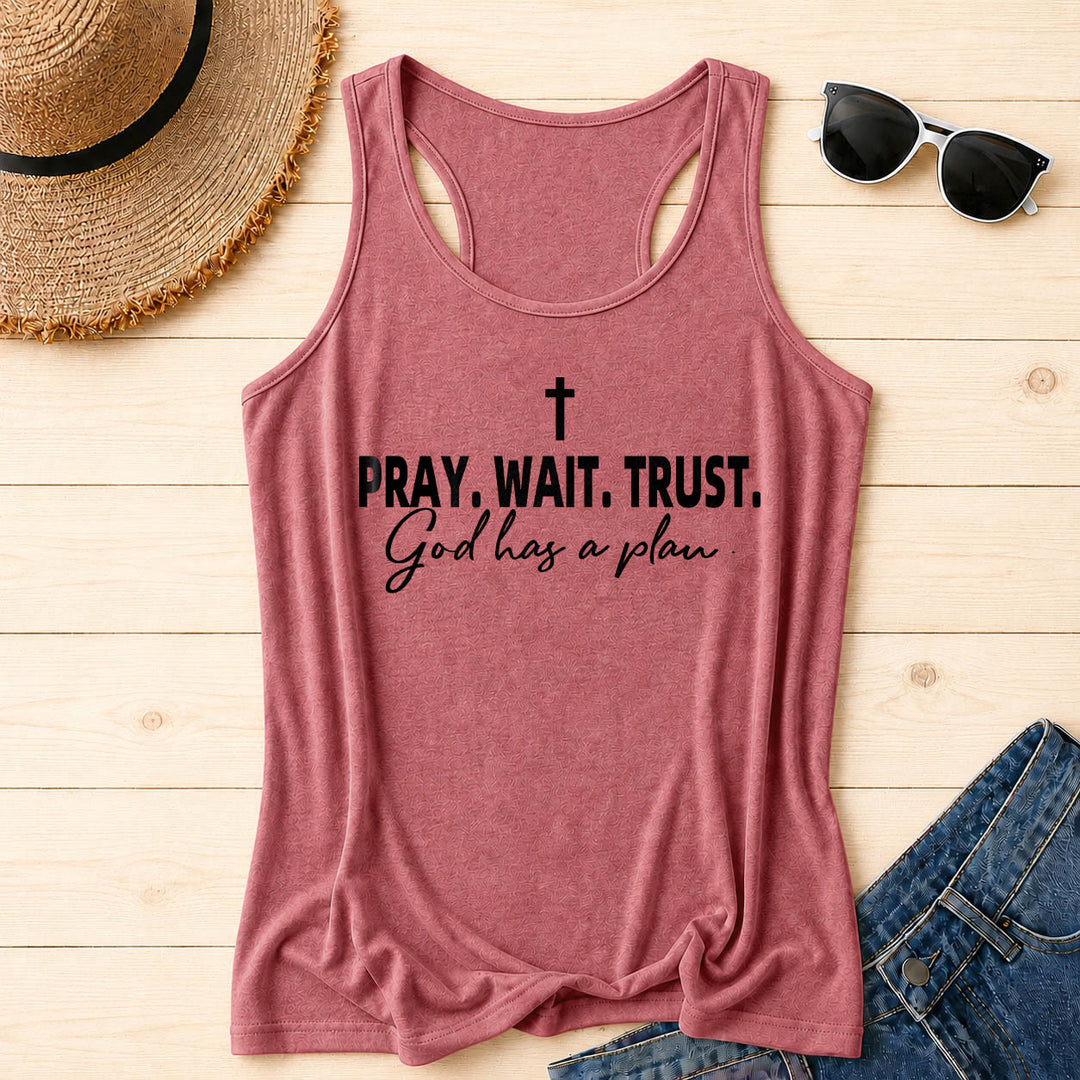 Christianartworkshop Kreuz BETEN WARTEN VERTRAUEN Fettdruck Schriftart Kursiv Unterzeile Gott hat einen Plan Racerback Tanktop - Rosa - 2XL - image 18