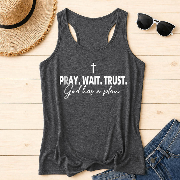Christianartworkshop Kreuz BETEN WARTEN VERTRAUEN Fettdruck Schriftart Kursiv Unterzeile Gott hat einen Plan Racerback Tanktop - Grau - 2XL - image 6