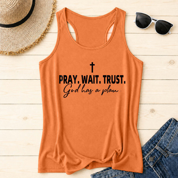 Christianartworkshop Kreuz BETEN WARTEN VERTRAUEN Fettdruck Schriftart Kursiv Unterzeile Gott hat einen Plan Racerback Tanktop - Orange - 2XL - image 12