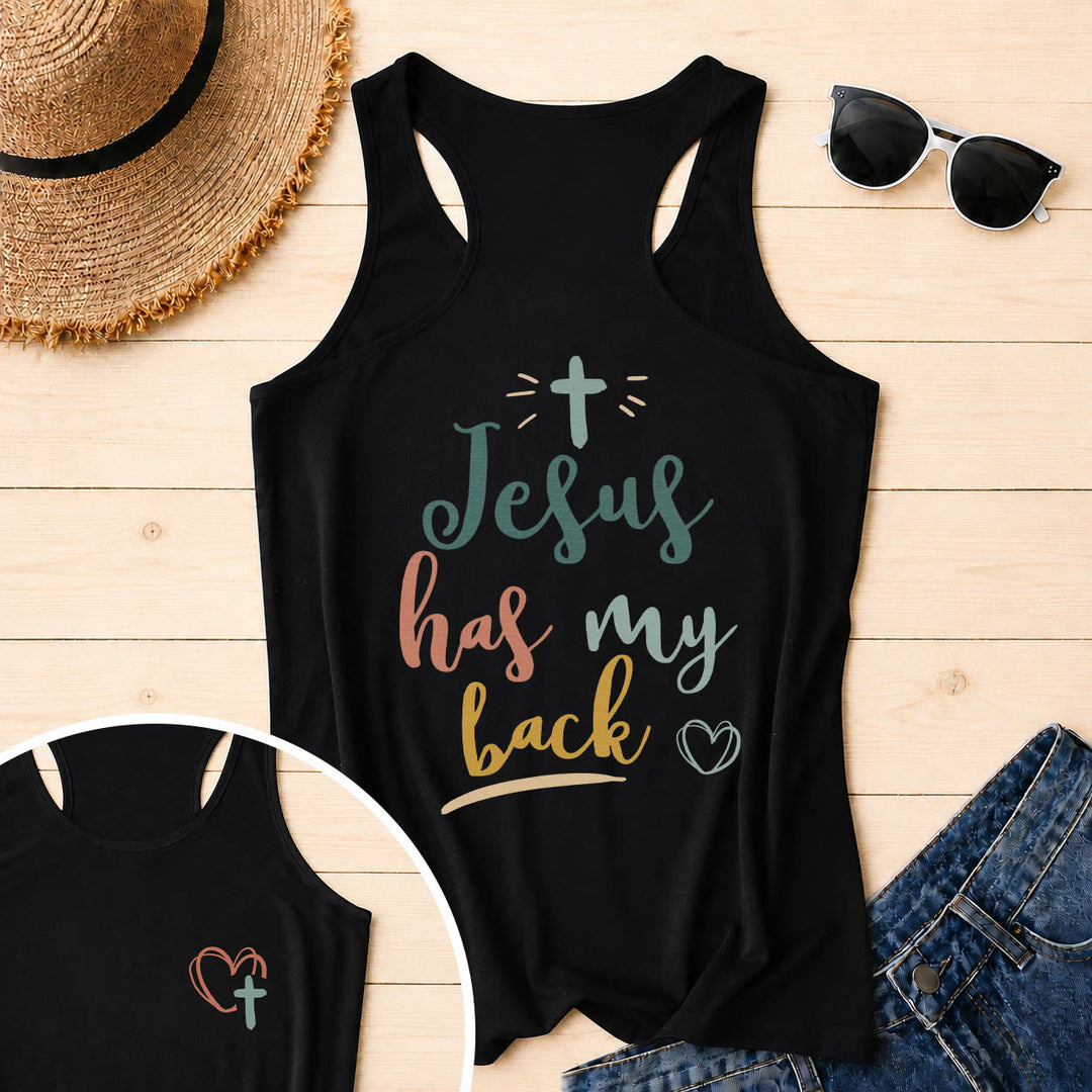 Christianartworkshop Tanktop mit doppelseitigem Print „Jesus Has My Back“, mehrfarbiger Schreibschrift, Sonnenakzent, Kreuz- und Herzgrafik, Racerback - Schwarz - 2XL - image 5