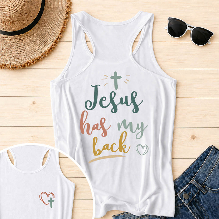 Christianartworkshop Tanktop mit doppelseitigem Print „Jesus Has My Back“, mehrfarbiger Schreibschrift, Sonnenakzent, Kreuz- und Herzgrafik, Racerback - Weiß - 2XL - image 0