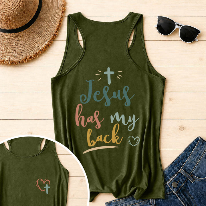 Christianartworkshop Tanktop mit doppelseitigem Print „Jesus Has My Back“, mehrfarbiger Schreibschrift, Sonnenakzent, Kreuz- und Herzgrafik, Racerback - Armeegrün - 2XL - image 35