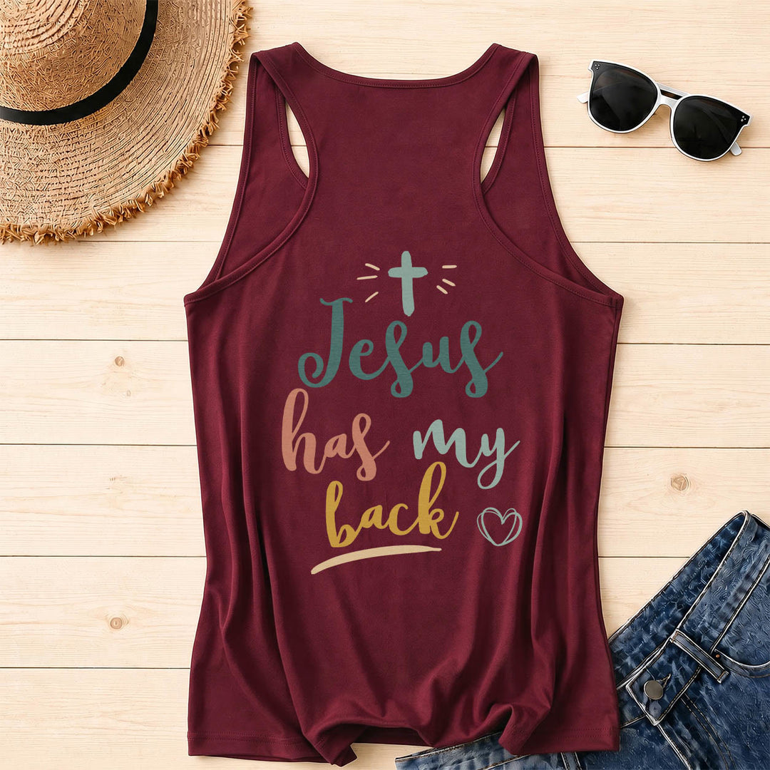 Christianartworkshop Tanktop mit doppelseitigem Print „Jesus Has My Back“, mehrfarbiger Schreibschrift, Sonnenakzent, Kreuz- und Herzgrafik, Racerback - image 13