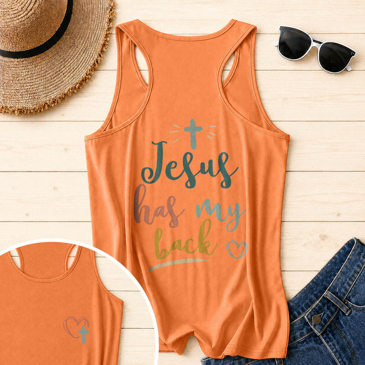 Christianartworkshop Tanktop mit doppelseitigem Print „Jesus Has My Back“, mehrfarbiger Schreibschrift, Sonnenakzent, Kreuz- und Herzgrafik, Racerback - Orange - 2XL - image 30