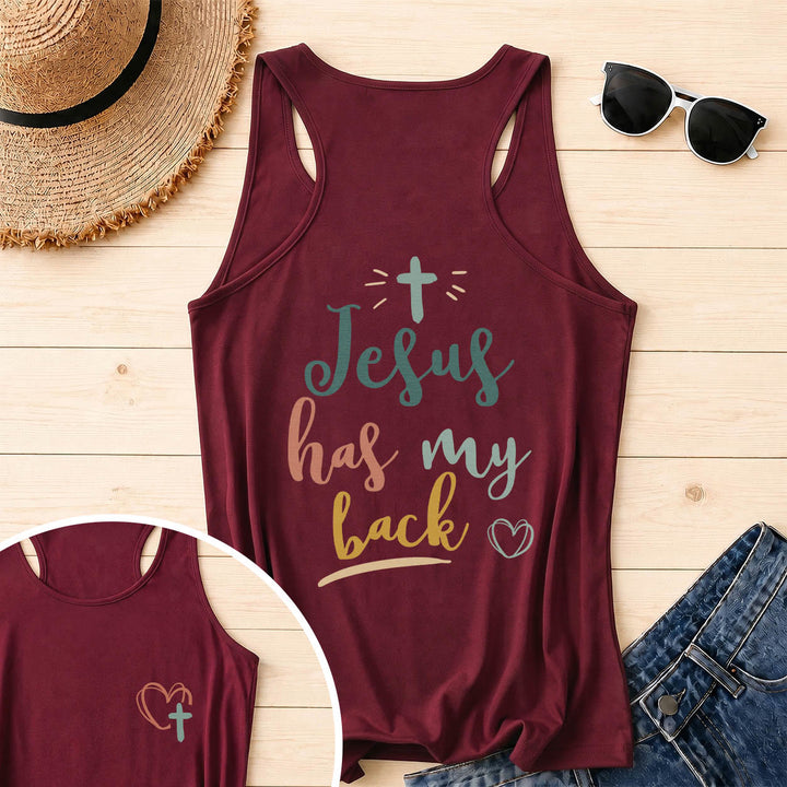 Christianartworkshop Tanktop mit doppelseitigem Print „Jesus Has My Back“, mehrfarbiger Schreibschrift, Sonnenakzent, Kreuz- und Herzgrafik, Racerback - Wein - 2XL - image 10
