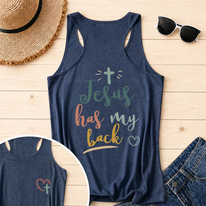 Christianartworkshop Tanktop mit doppelseitigem Print „Jesus Has My Back“, mehrfarbiger Schreibschrift, Sonnenakzent, Kreuz- und Herzgrafik, Racerback - Marineblau - 2XL - image 15