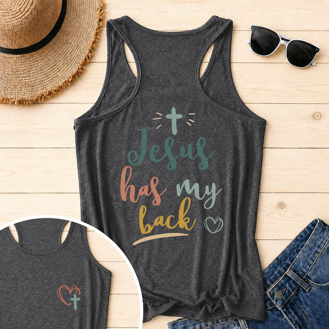 Christianartworkshop Tanktop mit doppelseitigem Print „Jesus Has My Back“, mehrfarbiger Schreibschrift, Sonnenakzent, Kreuz- und Herzgrafik, Racerback - Grau - 2XL - image 20