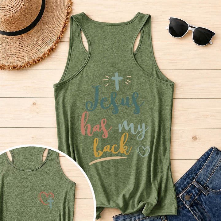 Christianartworkshop Tanktop mit doppelseitigem Print „Jesus Has My Back“, mehrfarbiger Schreibschrift, Sonnenakzent, Kreuz- und Herzgrafik, Racerback - Olivgrün - 2XL - image 40