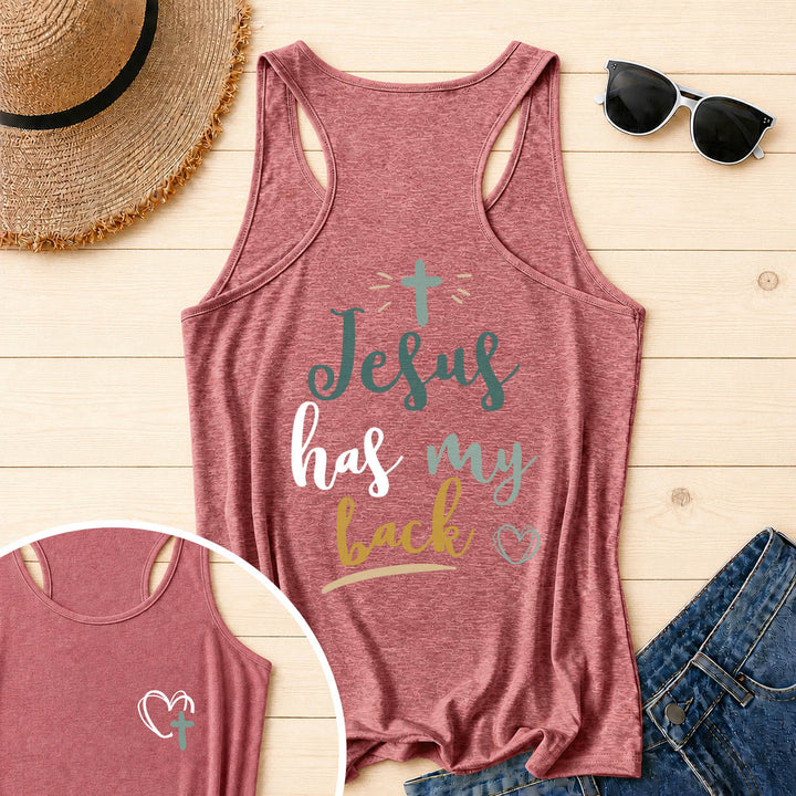 Christianartworkshop Tanktop mit doppelseitigem Print „Jesus Has My Back“, mehrfarbiger Schreibschrift, Sonnenakzent, Kreuz- und Herzgrafik, Racerback - Rosa - 2XL - image 45