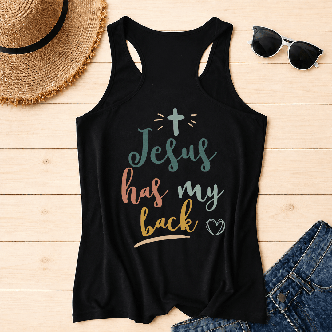 Christianartworkshop Tanktop mit doppelseitigem Print „Jesus Has My Back“, mehrfarbiger Schreibschrift, Sonnenakzent, Kreuz- und Herzmotiv, Racerback - image 8