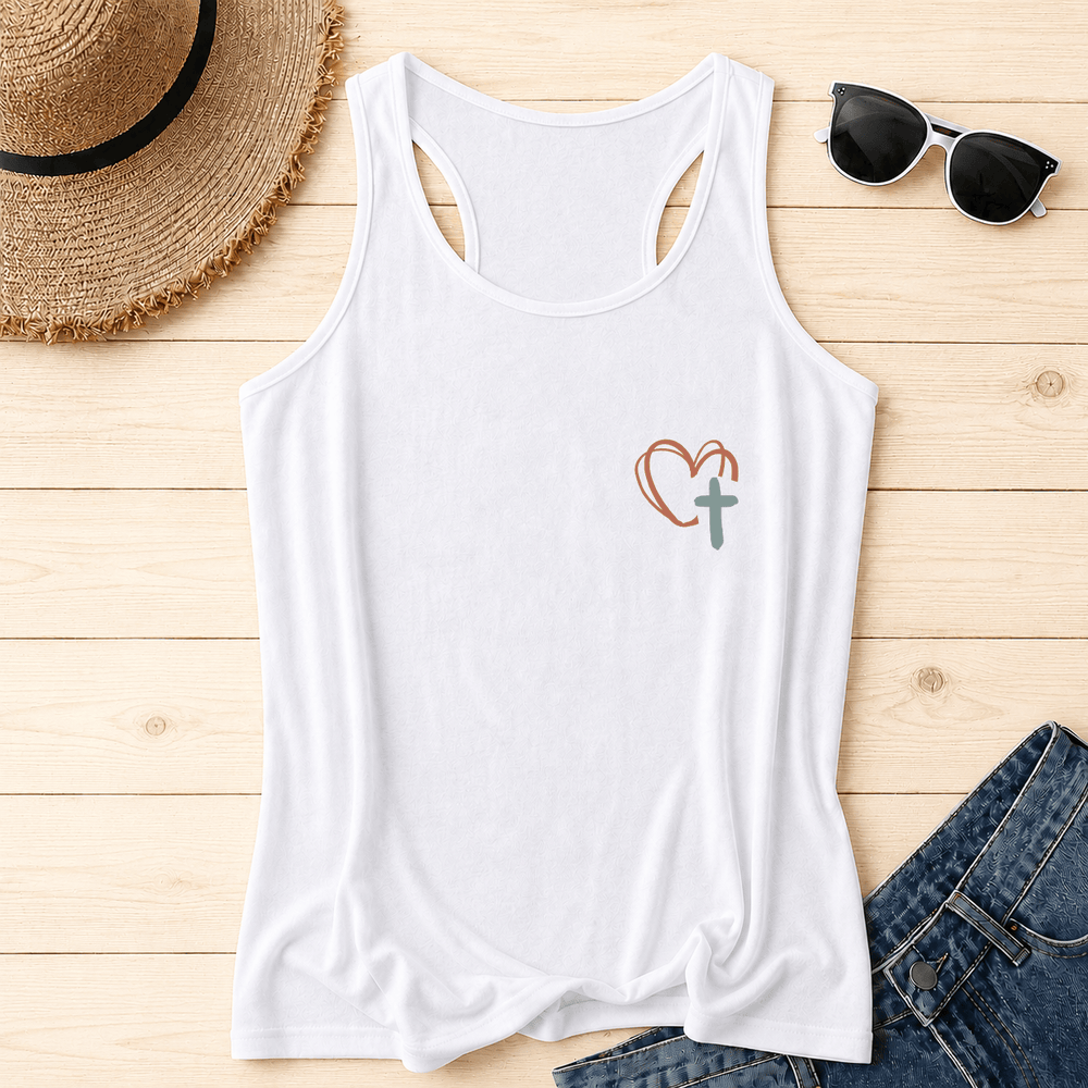 Christianartworkshop Tanktop mit doppelseitigem Print „Jesus Has My Back“, mehrfarbiger Schreibschrift, Sonnenakzent, Kreuz- und Herzmotiv, Racerback - image 1
