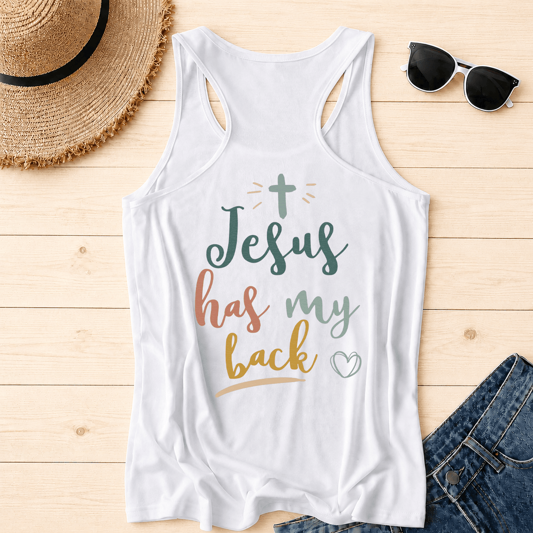 Christianartworkshop Tanktop mit doppelseitigem Print „Jesus Has My Back“, mehrfarbiger Schreibschrift, Sonnenakzent, Kreuz- und Herzgrafik, Racerback - image 3
