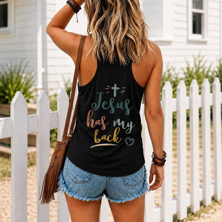 Christianartworkshop Tanktop mit doppelseitigem Print „Jesus Has My Back“, mehrfarbiger Schreibschrift, Sonnenakzent, Kreuz- und Herzgrafik, Racerback - image 9