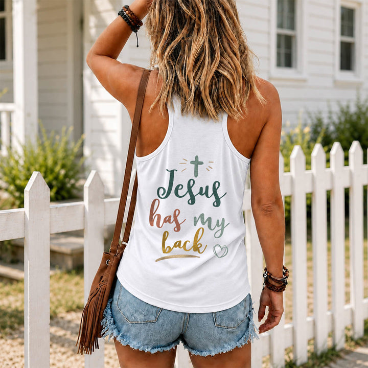 Christianartworkshop Tanktop mit doppelseitigem Print „Jesus Has My Back“, mehrfarbiger Schreibschrift, Sonnenakzent, Kreuz- und Herzgrafik, Racerback - image 4