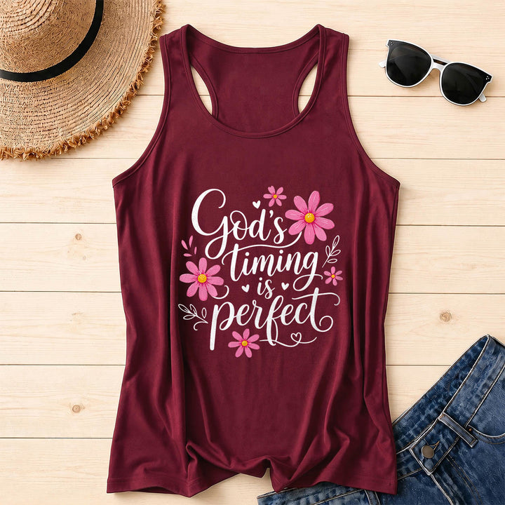 Christianartworkshop Gottes Timing ist perfekt Elegantes, fließendes Tanktop mit Gänseblümchen-, Herz- und Blattverzierungen und Racerback-Rücken. - Wein - 2XL - image 0