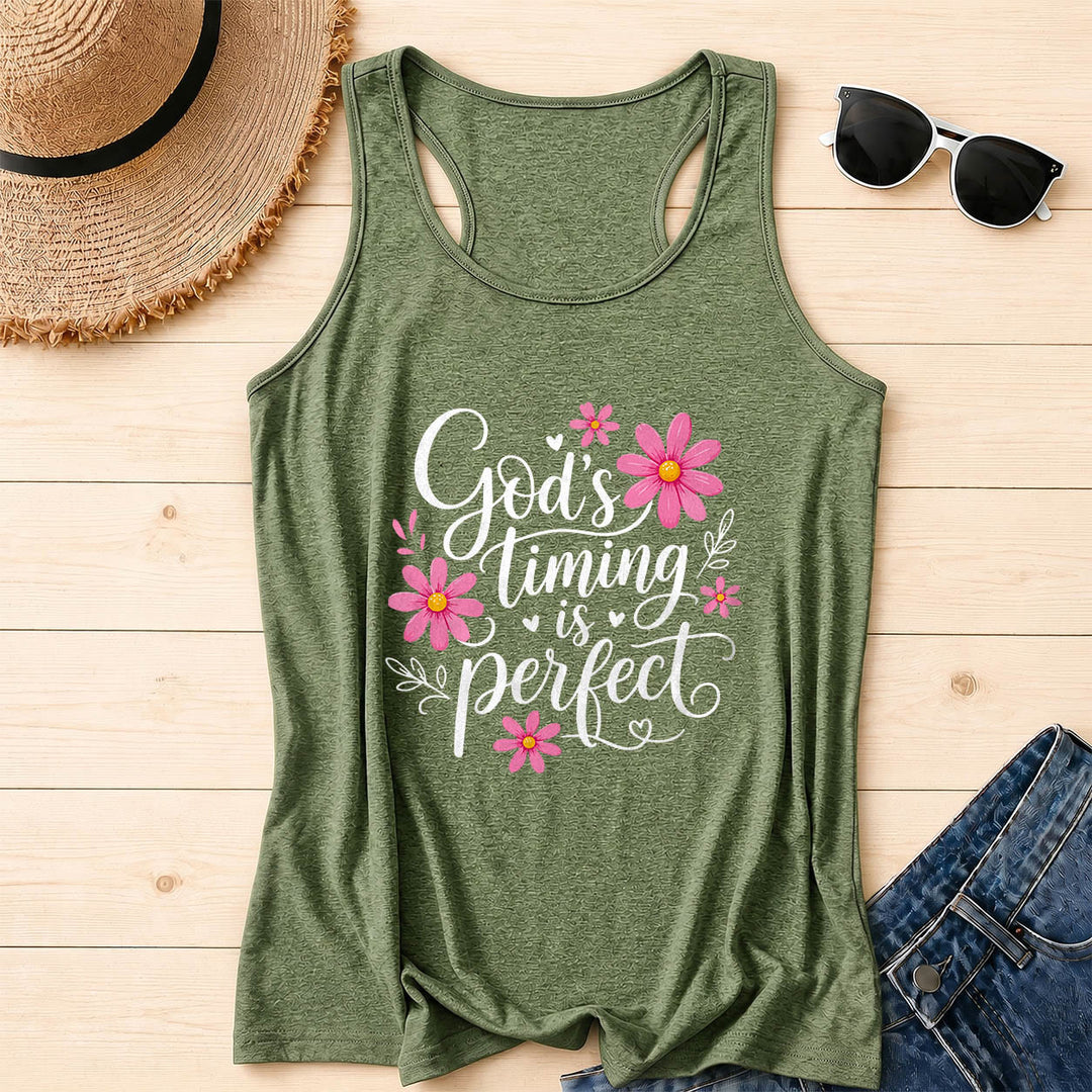 Christianartworkshop Gottes Timing ist perfekt. Elegantes, fließendes Tanktop mit Gänseblümchen-, Herz- und Blattverzierungen und Racerback-Rücken. - Olivgrün - 2XL - image 16