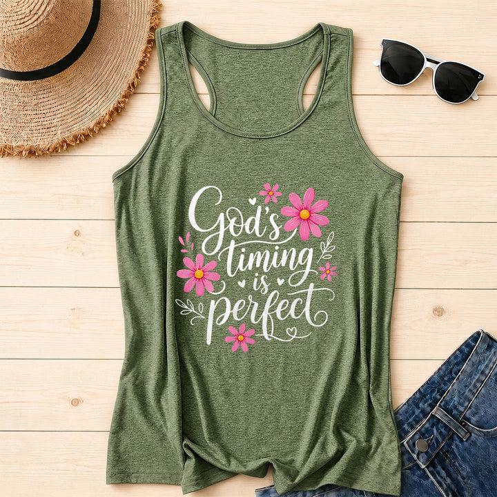 Christianartworkshop Gottes Timing ist perfekt. Elegantes, fließendes Tanktop mit Gänseblümchen-, Herz- und Blattverzierungen und Racerback-Rücken. - Olivgrün - 2XL - image 16