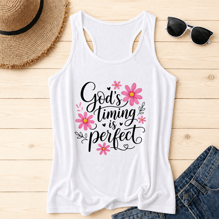 Christianartworkshop Gottes Timing ist perfekt Elegantes, fließendes Tanktop mit Gänseblümchen-, Herz- und Blattverzierungen und Racerback-Rücken. - Weiß - 2XL - image 2