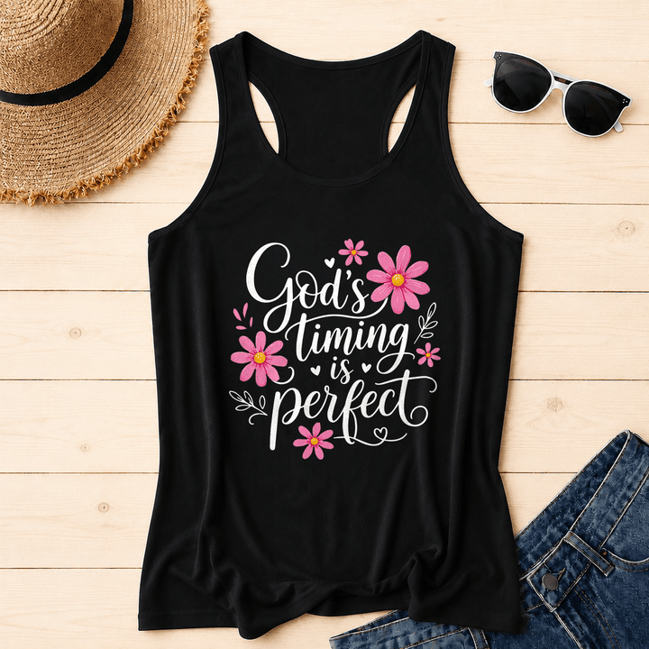 Christianartworkshop Gottes Timing ist perfekt Elegantes, fließendes Tanktop mit Gänseblümchen-, Herz- und Blattverzierungen und Racerback-Rücken. - Schwarz - 2XL - image 4