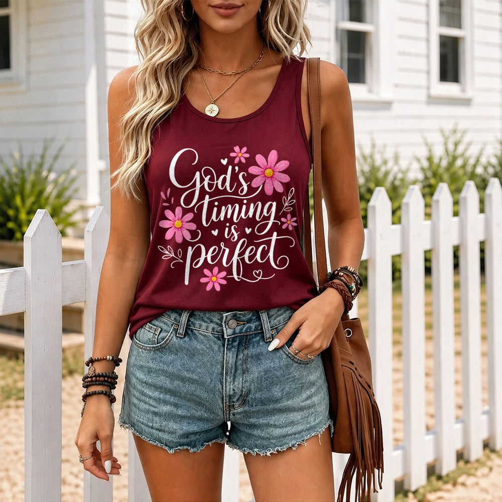 Christianartworkshop Gottes Timing ist perfekt Elegantes, fließendes Tanktop mit Gänseblümchen-, Herz- und Blattverzierungen und Racerback-Rücken. - image 1