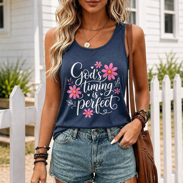 Christianartworkshop Gottes Timing ist perfekt Elegantes, fließendes Tanktop mit Gänseblümchen-, Herz- und Blattverzierungen und Racerback-Rücken. - image 7