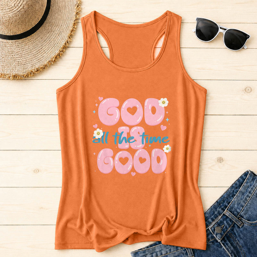 Christianartworkshop Gott ist immer gut Bubble Heart Lettering Smiley Daisy Star Heart Accent Front Print Racerback Tank Top - Orange - 2XL - image 0