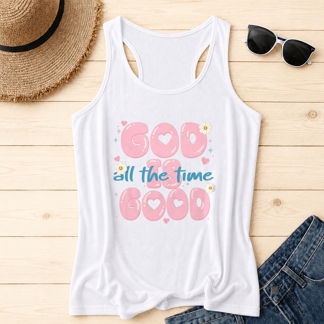 Christianartworkshop Gott ist immer gut Bubble Heart Lettering Smiley Daisy Star Heart Accent Front Print Racerback Tank Top - Weiß - 2XL - image 4