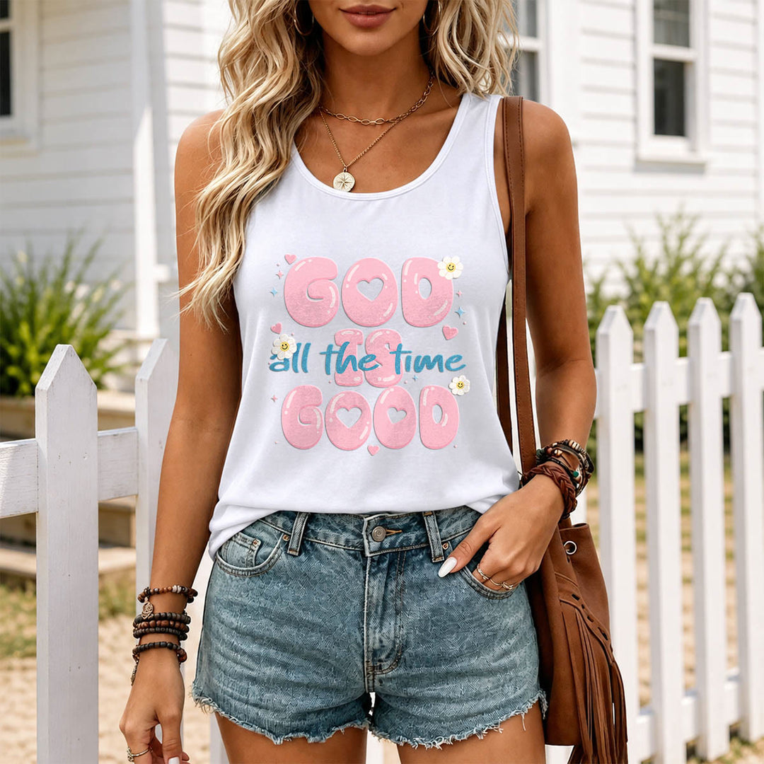 Christianartworkshop Gott ist immer gut Bubble Heart Lettering Smiley Daisy Star Heart Accent Front Print Racerback Tank Top - image 5