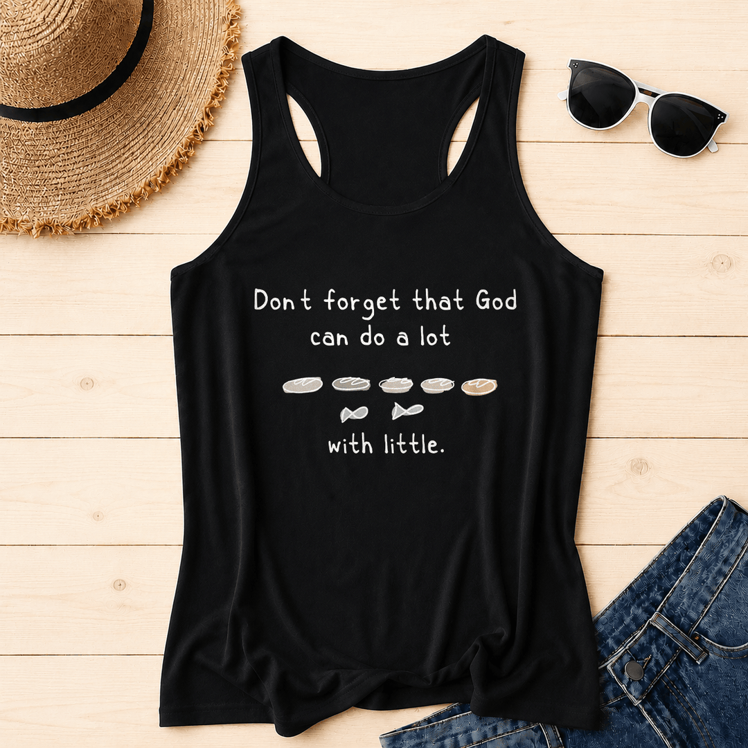 Christianartworkshop Vergiss nicht, dass Gott auch mit kleinen Fünf-Brot-Zwei-Fisch-Linien-Skizzen-Racerback-Tanktops viel bewirken kann - Schwarz - 2XL - image 10