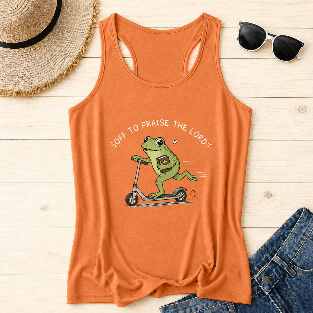 Christianartworkshop Auf zum Lobpreis des Herrn Bogenförmiger Text Niedlicher Frosch auf Roller mit Bibel in der Hand Cartoon Racerback Tanktop - Orange - 2XL - image 6