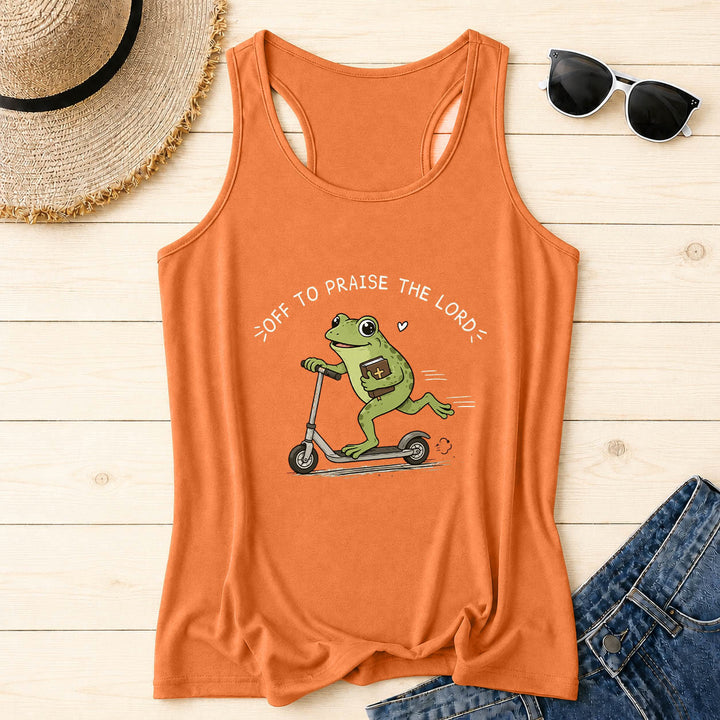 Christianartworkshop Auf zum Lobpreis des Herrn Bogenförmiger Text Niedlicher Frosch auf Roller mit Bibel in der Hand Cartoon Racerback Tanktop - Orange - 2XL - image 6