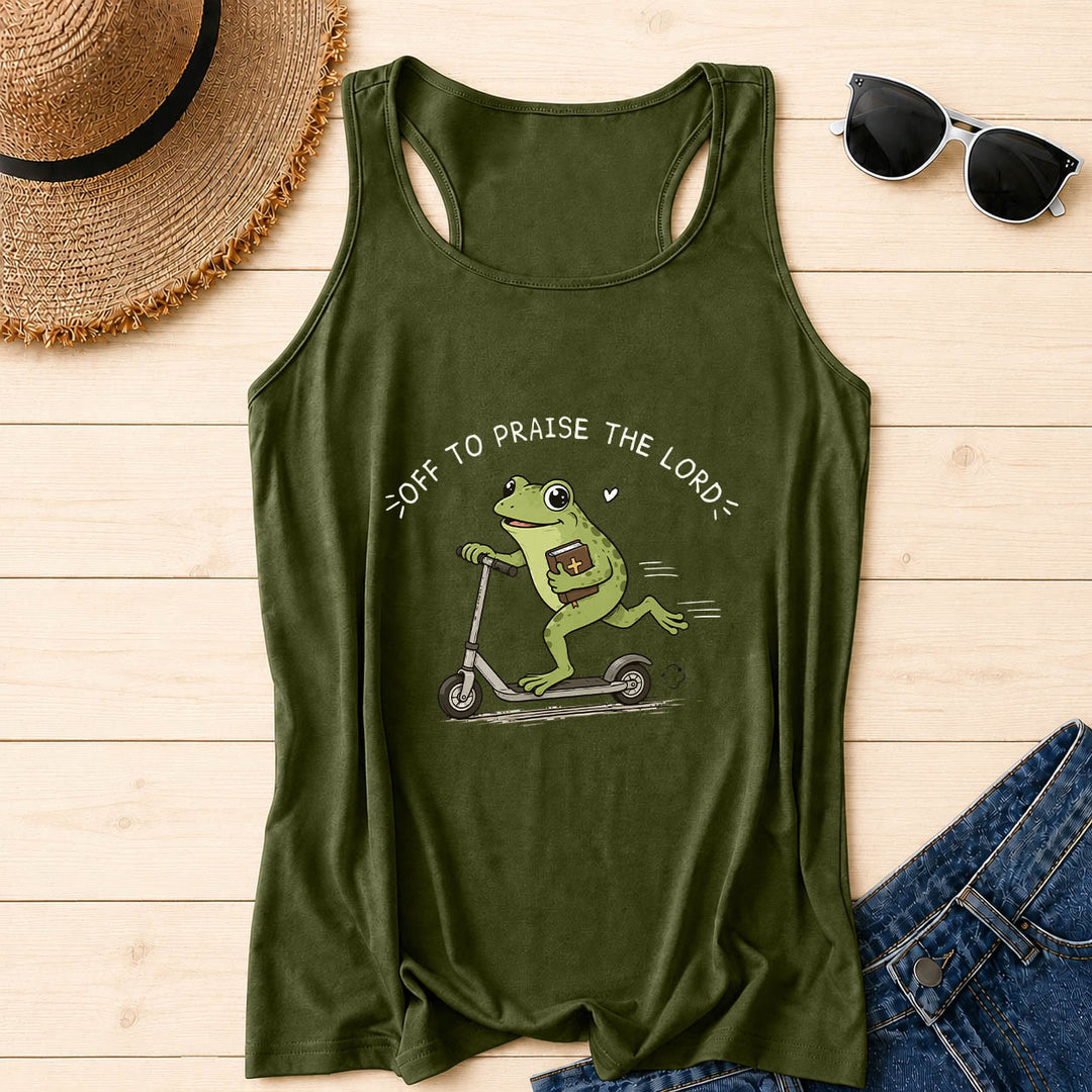 Christianartworkshop Auf zum Lobpreis des Herrn Bogenförmiger Text Niedlicher Frosch auf Roller mit Bibel in der Hand Cartoon Racerback Tanktop - Armeegrün - 2XL - image 4