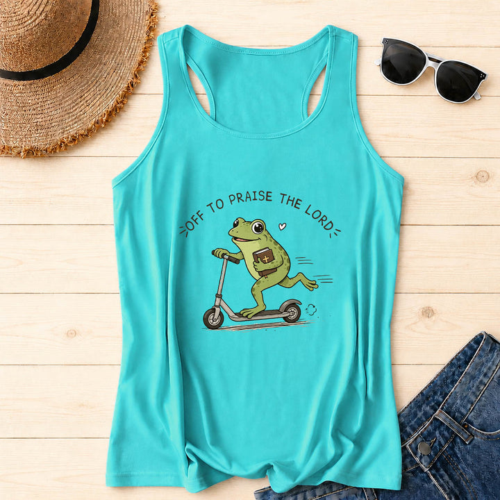 Christianartworkshop Auf zum Lobpreis des Herrn Bogenförmiger Text Niedlicher Frosch auf Roller mit Bibel in der Hand Cartoon Racerback Tanktop - Minze - 2XL - image 18