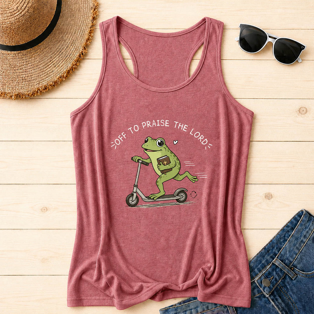 Christianartworkshop Auf zum Lobpreis des Herrn Bogenförmiger Text Niedlicher Frosch auf Roller mit Bibel in der Hand Cartoon Racerback Tanktop - Rosa - 2XL - image 0