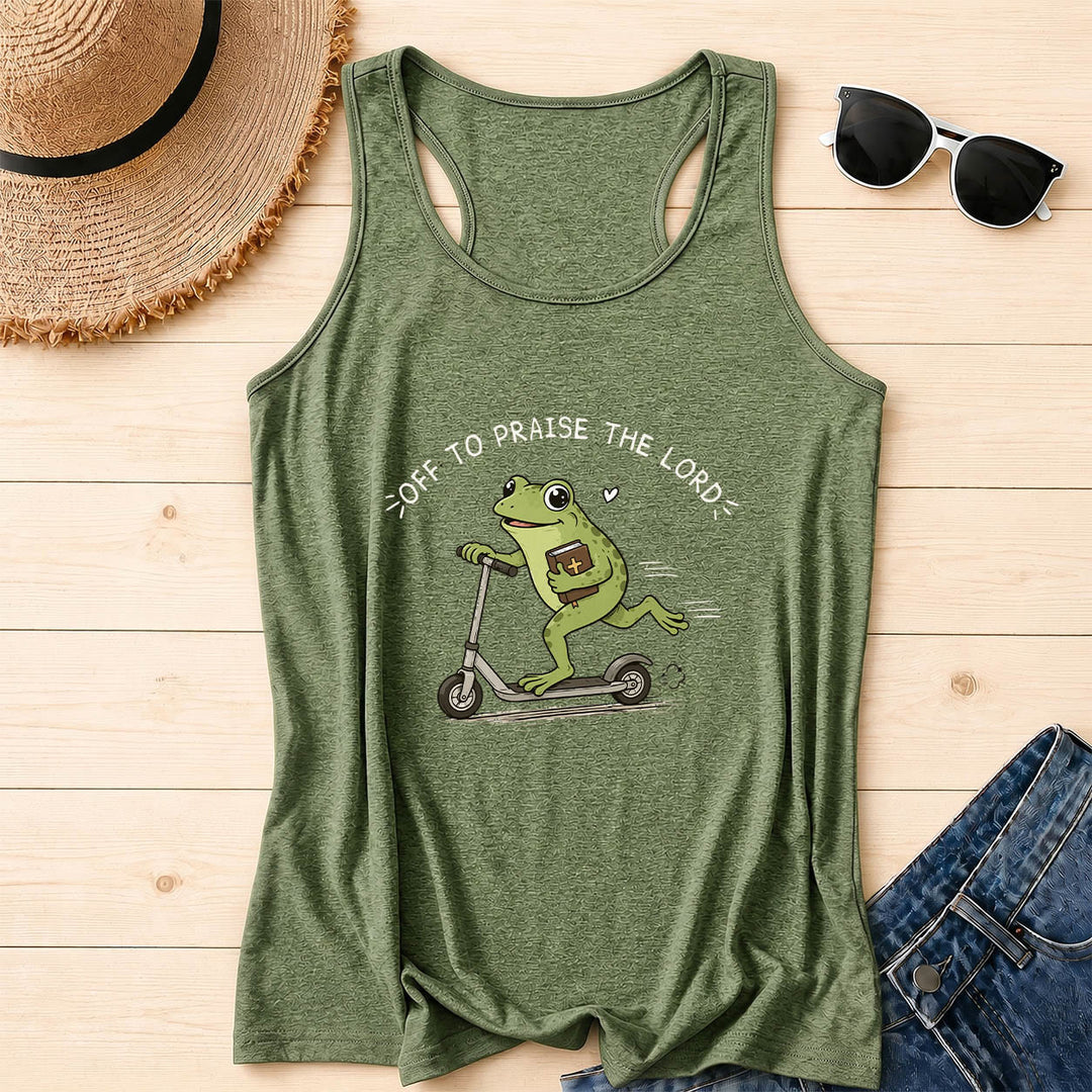 Christianartworkshop Auf zum Lobpreis des Herrn Bogenförmiger Text Niedlicher Frosch auf Roller mit Bibel in der Hand Cartoon Racerback Tanktop - Olivgrün - 2XL - image 2