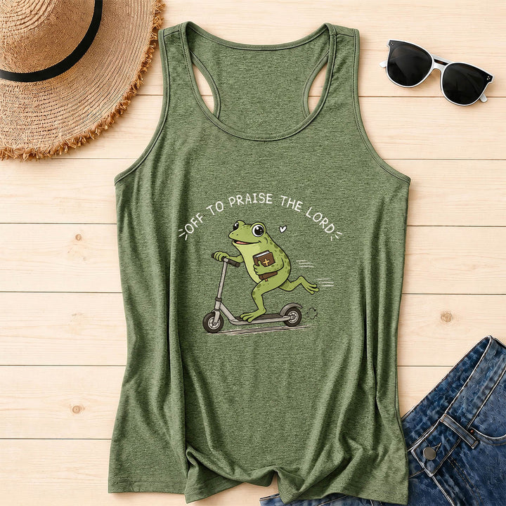 Christianartworkshop Auf zum Lobpreis des Herrn Bogenförmiger Text Niedlicher Frosch auf Roller mit Bibel in der Hand Cartoon Racerback Tanktop - Olivgrün - 2XL - image 2