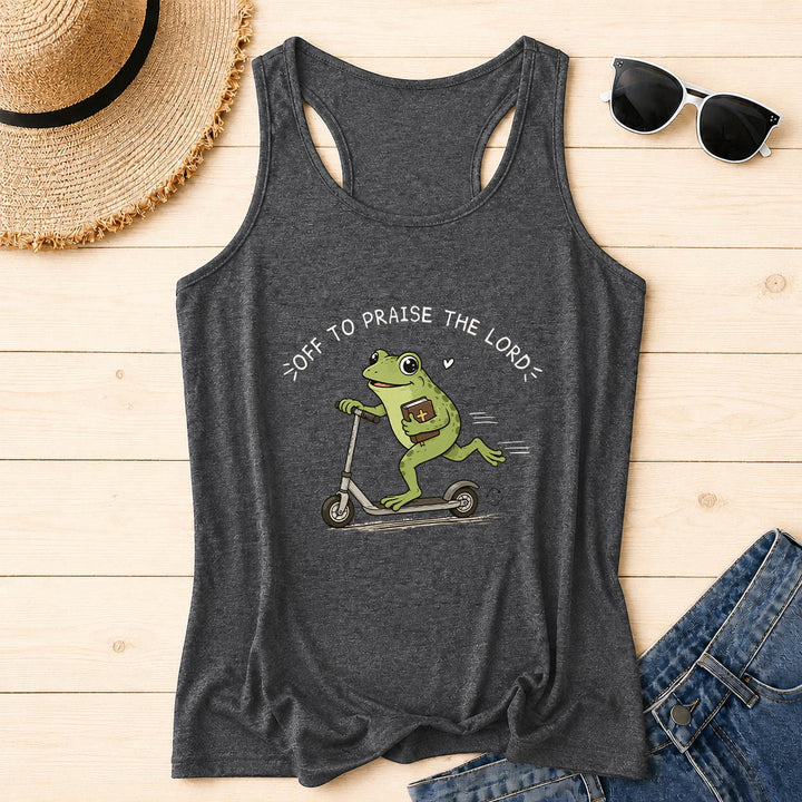 Christianartworkshop Auf zum Lobpreis des Herrn Bogenförmiger Text Niedlicher Frosch auf Roller mit Bibel in der Hand Cartoon Racerback Tanktop - Grau - 2XL - image 16