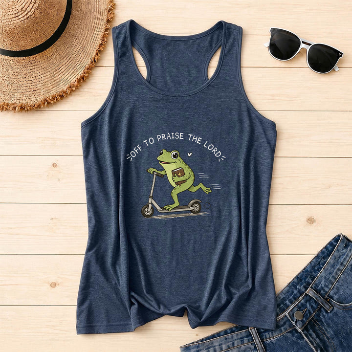 Christianartworkshop Auf zum Lobpreis des Herrn Bogenförmiger Text Niedlicher Frosch auf Roller mit Bibel in der Hand Cartoon Racerback Tanktop - Marineblau - 2XL - image 14