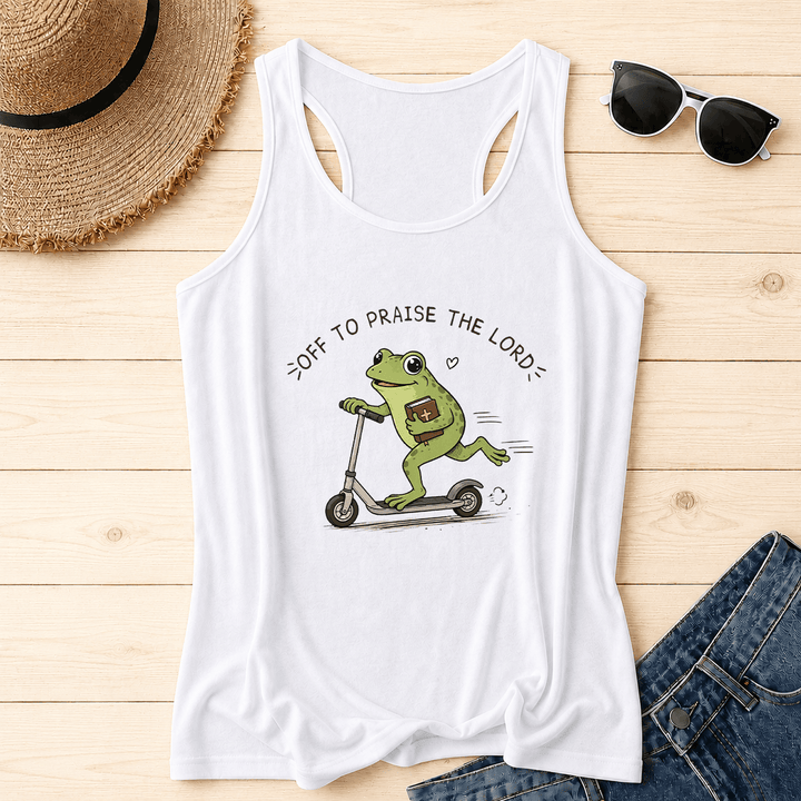 Christianartworkshop Auf zum Lobpreis des Herrn Bogenförmiger Text Niedlicher Frosch auf Roller mit Bibel in der Hand Cartoon Racerback Tanktop - Weiß - 2XL - image 10