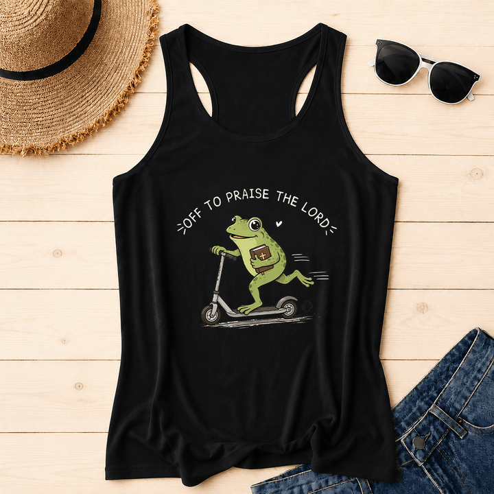 Christianartworkshop Auf zum Lobpreis des Herrn Bogenförmiger Text Niedlicher Frosch auf Roller mit Bibel in der Hand Cartoon Racerback Tanktop - Schwarz - 2XL - image 12