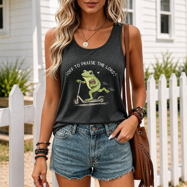 Christianartworkshop Auf zum Lobpreis des Herrn! Gebogener Text, niedlicher Frosch auf Roller mit Bibel und Herz – Cartoon-Tanktop mit Racerback-Rücken. - image 17