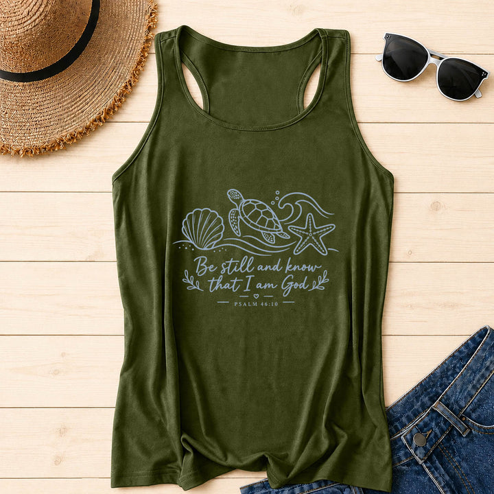 Christianartworkshop Seid still und erkennt, dass ich Gott bin (Psalm 46,10) Tanktop mit Meeresschildkröte, Muschel, Seestern, Welle und Racerback-Motiv - Armeegrün - 2XL - image 6